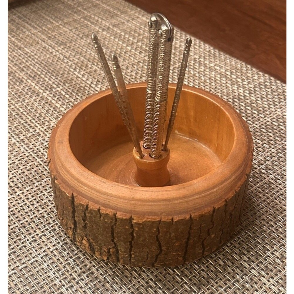 Vintage Nut Rustic Bark Wood Bowl With 4 Nut Picks & Nut Cracker